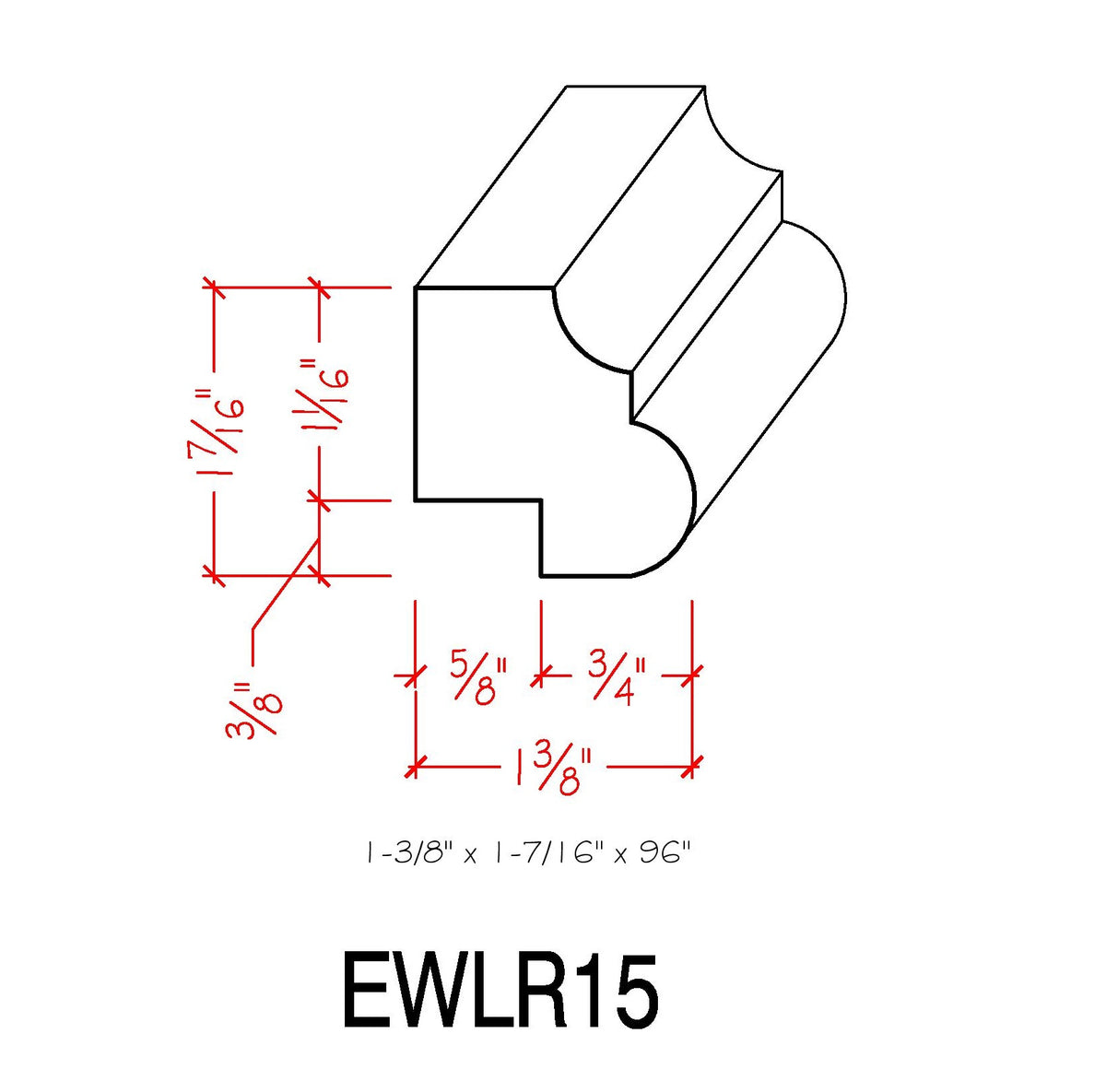 Kitchen Cabinet Light Rail Nose and Cove Ogea Moulding EWLR15 Line Drawing